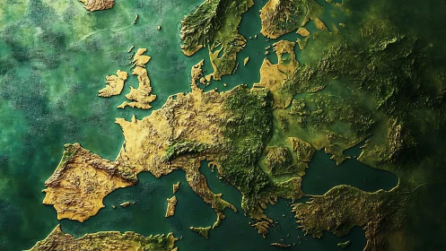 Textured relief map of Europe glows with golden terrain.
