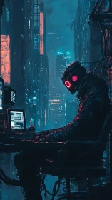 Neon-eyed hacker in rain-soaked cyberpunk alleyway nightscape.