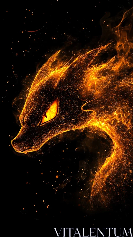 Volumetric fiery dragon silhouette rendered in glowing particle flow