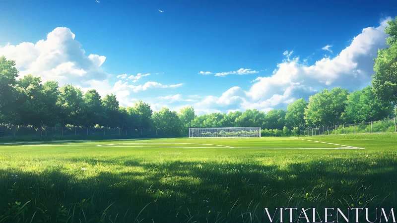 Digital painting of sunlit football field with lush tree border.