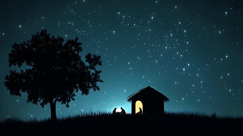 Starlit hillside silhouettes with glowing hut doorway at night.