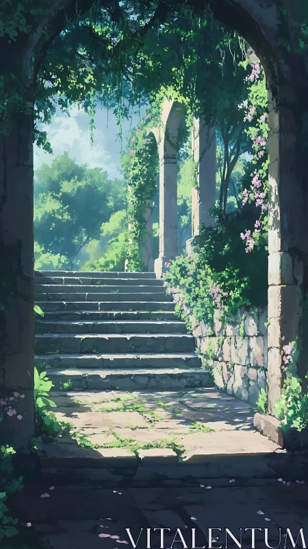 Sunlit stone stairway winds through overgrown garden arch
