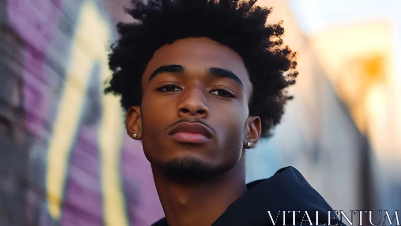 Confident young man stands against soft urban graffiti glow