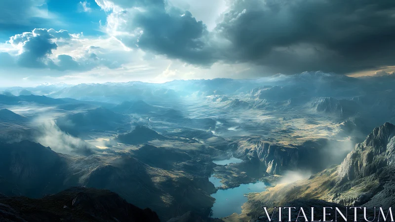 Layered mountain basin with lakes under varied cloud cover.