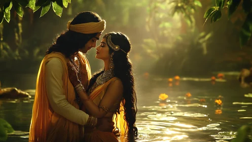Golden-hour Embrace: Ancient Romance Blooms in Sacred Waters.