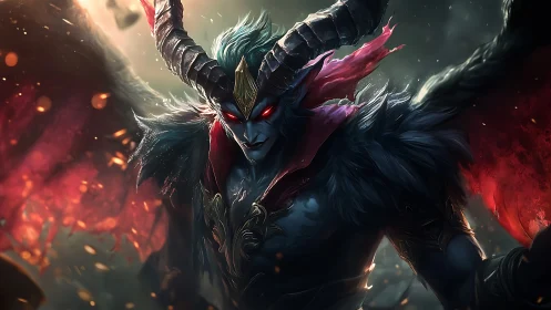 Horned winged demon figure with glowing red eyes posed.