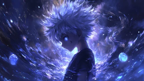 Celestial energy vortex encircling silver haired anime youth