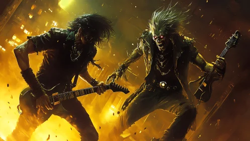 Blazing rock guitarist duels a wild skeletal metal spirit
