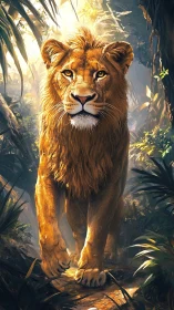 Sunlit jungle lion rendered with high-detail fur and depth cues