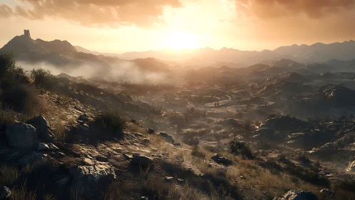 Sunlit mountain valley with misty ridges and distant ruins.