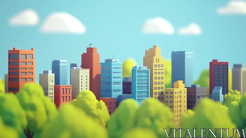 Colorful low-poly city skyline rises behind soft trees