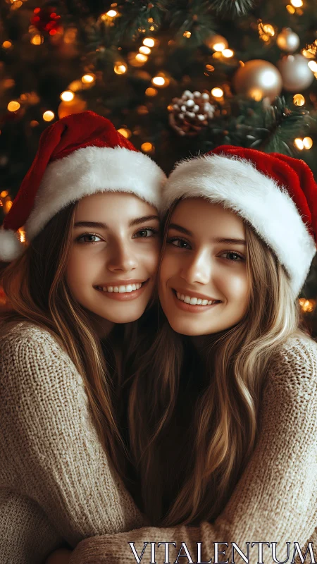 Smiling sisters in Santa hats share warm Christmas embrace.
