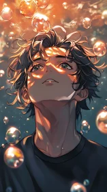 Young person gazes upward through glowing floating bubbles
