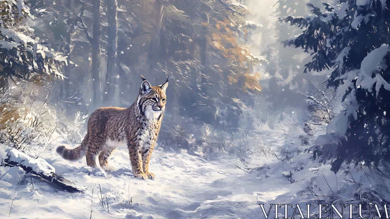 Lynx positioned in snow-covered coniferous forest setting.