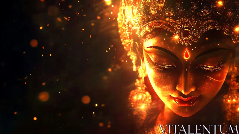 Digital painting of luminous goddess visage in ember light.