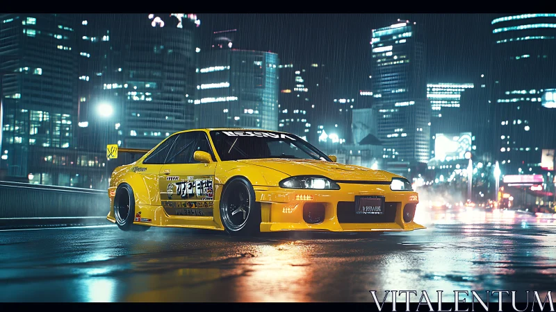 Yellow modified coupe on wet city street at night.