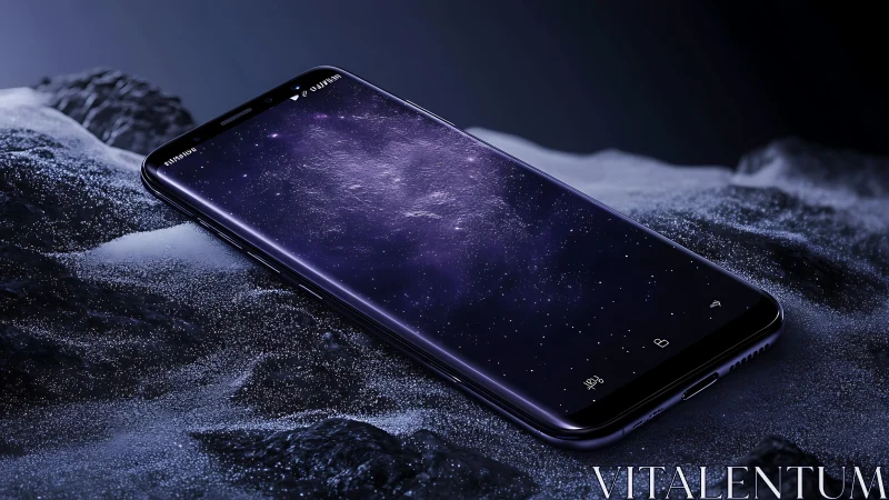 Black smartphone on dark frosted rocks with starry display.