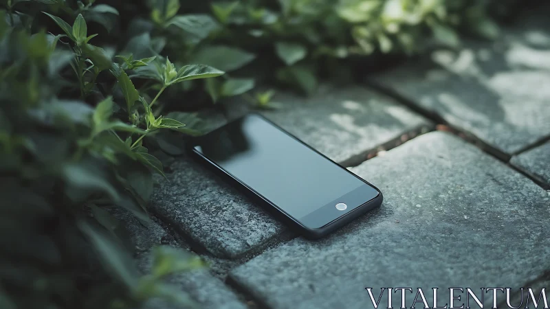 Smartphone on stone pavement with green foliage.