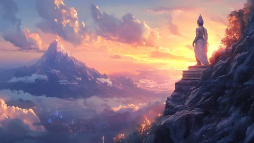 Sunlit mountain watcher greeting a dream-bright valley horizon.