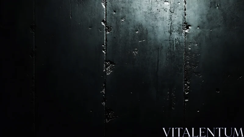 Worn dark metal wall shows corroded seams under raking light