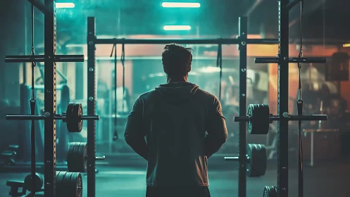 Focused athlete in dimly lit weightlifting gym interior.