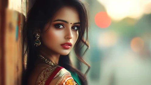 Elegant woman in sari gazes back in warm evening light.