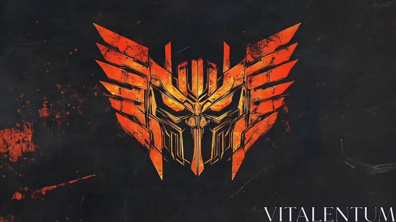 Fiery mechanical emblem radiates power on dark backdrop