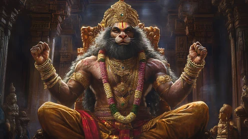 Mythic leonine deity in hyper-detailed temple throne composition.