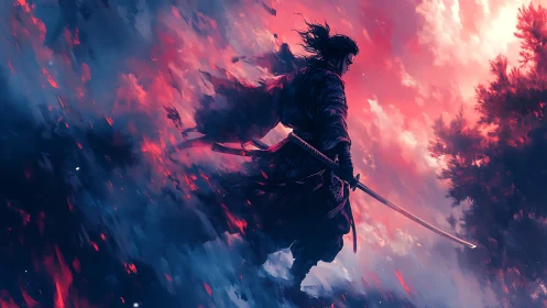 Digital painting of lone samurai silhouette in stormy skyscape.
