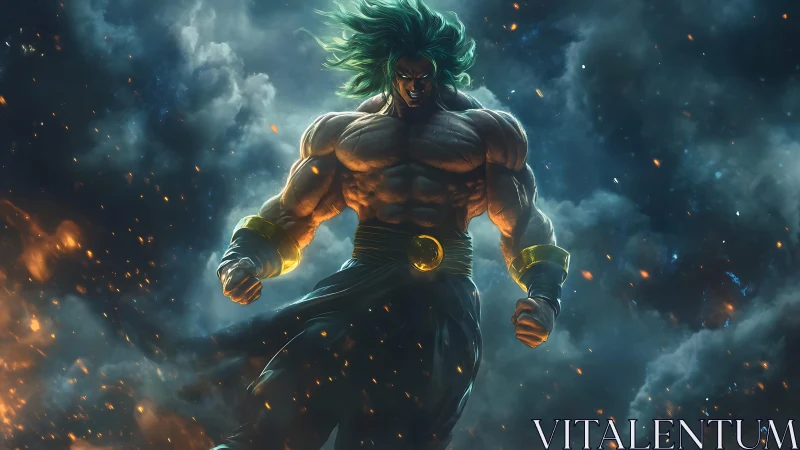 Mythic warrior channels cosmic fury amid burning storm.