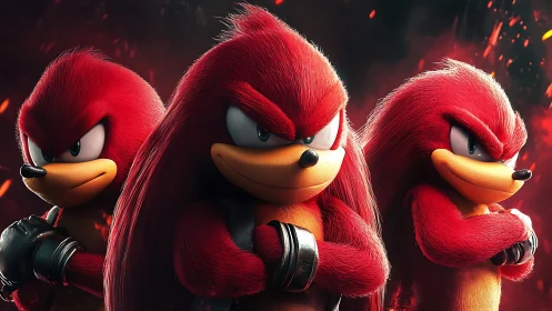 Red echidna trio under fiery cinematic lighting stance.