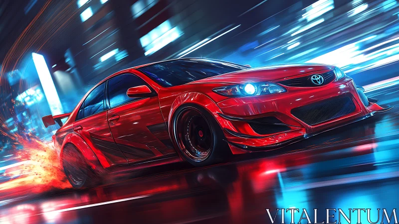 Red sports sedan racing through neon city at night.