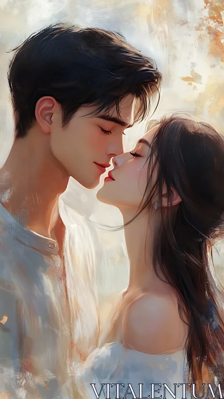 Intimate Kiss Between Young Couple in Soft Light.