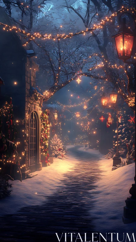 Snowy village lane lit by warm Christmas street lights.