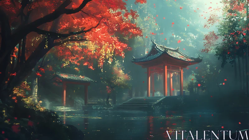 Traditional pavilion stands beside reflective forest water