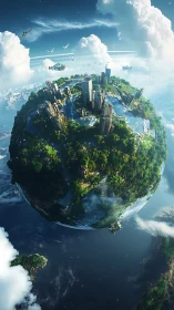 Tiny emerald world hums with spiral cities and sky traffic