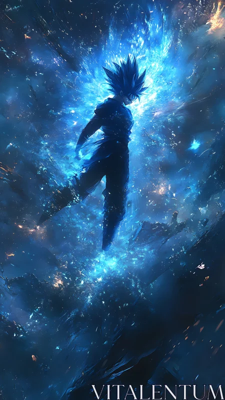Anime energy ascension with blue cosmic aura explosion.