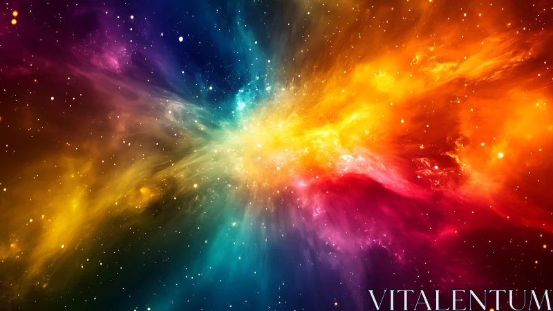 Vibrant cosmic nebula explosion in multicolor deep space.