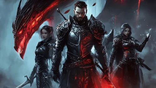 Digital painting of dark fantasy knights with infernal dragon.