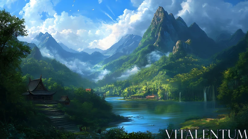 Mountain valley temple overlooks tranquil river under clouds