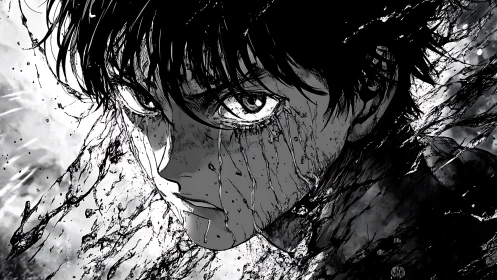 Intense manga boy portrait surrounded by dynamic ink splashes