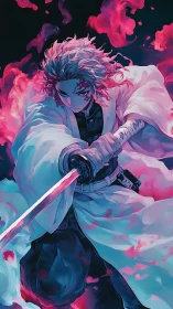 Sword-wielding anime warrior ignites battle with burning focus