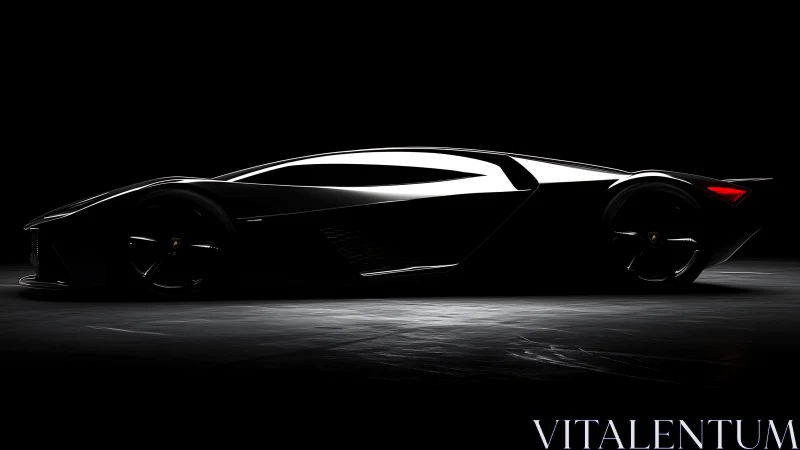 Sleek black supercar silhouette glides through dramatic light
