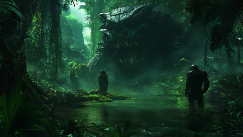 Armored explorers confront colossal jungle beast in misty swamp