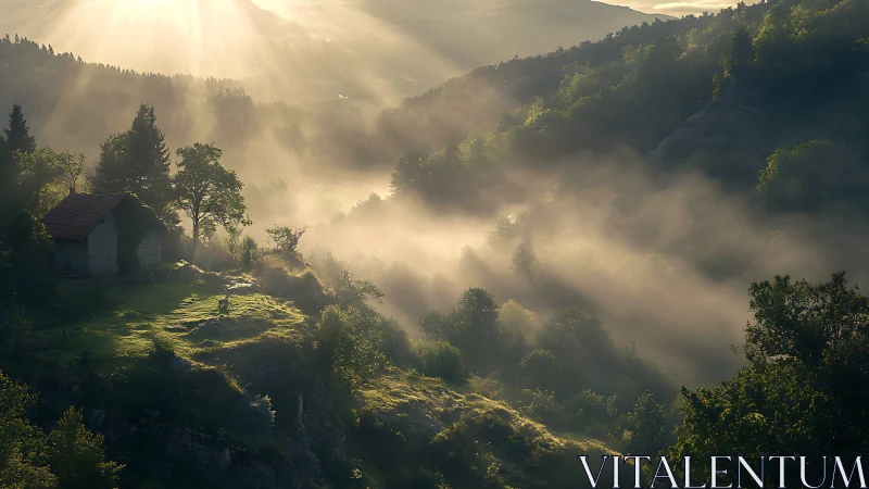 Mountain valley sunrise with mist and backlit forest slopes.