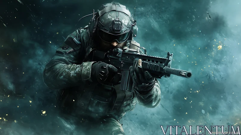 Tactical soldier advances through smoke with rifle raised ready