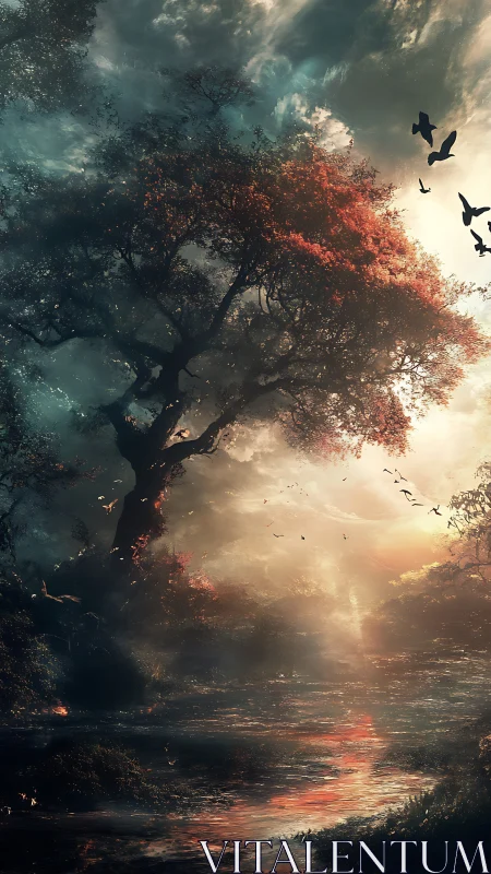 Sunlit forest river with dark tree and glowing mist.