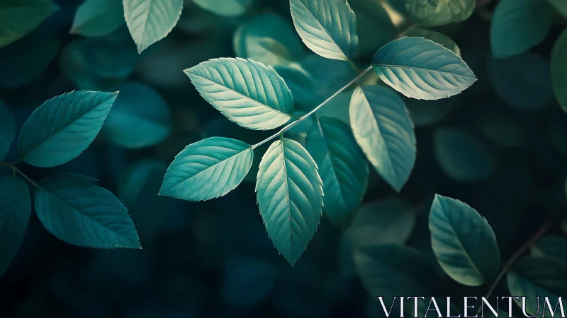 Sunlit green leaves with soft focus forest background.