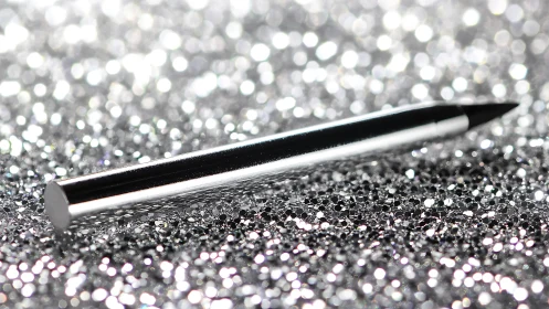 Silver eyeliner pencil rests on sparkling glitter surface.