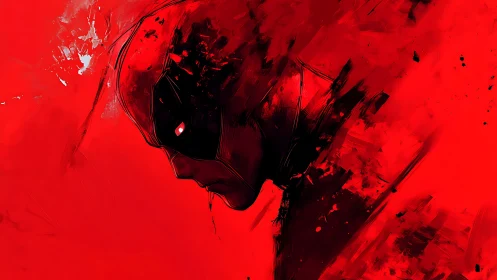 Angular red-black portrait uses dynamic brushwork and high contrast